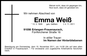 Traueranzeige von Emma Welß von Nürnberger Nachrichten