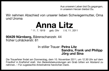 Traueranzeige von Anna Litz von Nürnberger Nachrichten