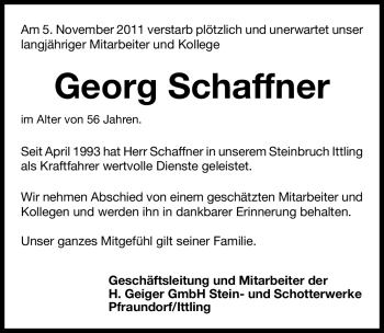 Traueranzeige von Georg Schaffner von Nürnberger Nachrichten