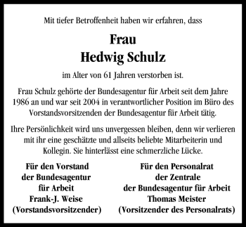 Traueranzeige von Hedwig Schulz von Nürnberger Nachrichten