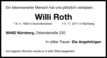 Traueranzeige von Willi Roth von Nürnberger Nachrichten