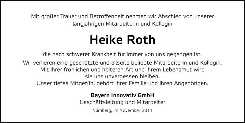  Traueranzeige für Heike Roth vom 09.11.2011 aus Nürnberger Nachrichten