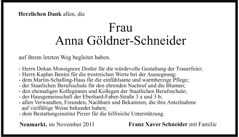  Traueranzeige für Anna Göldner-Schneider vom 09.11.2011 aus Nürnberger Nachrichten
