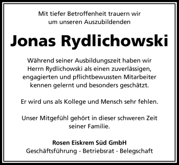 Traueranzeige von Jonas Rydlichowski von Nürnberger Nachrichten