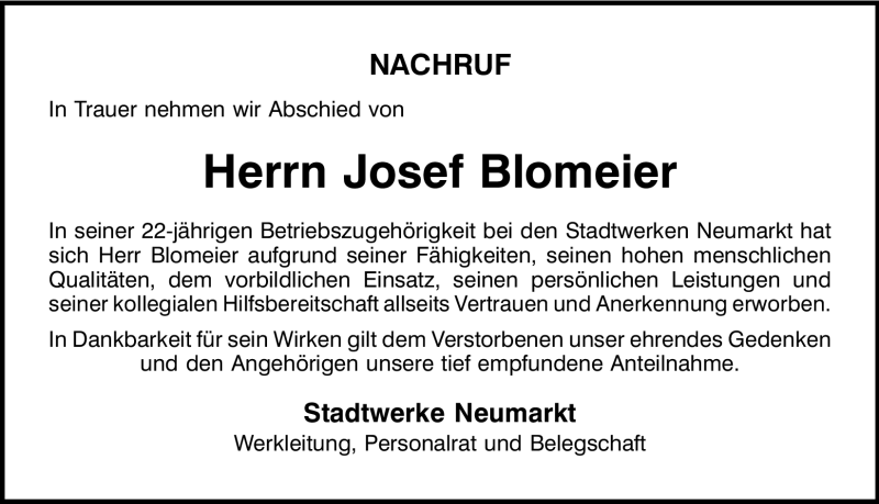  Traueranzeige für Josef Blomeier vom 10.11.2011 aus Nürnberger Nachrichten