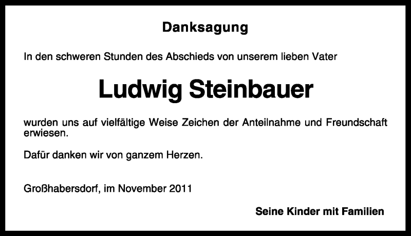  Traueranzeige für Ludiwg Steinbauer vom 12.11.2011 aus Nürnberger Nachrichten