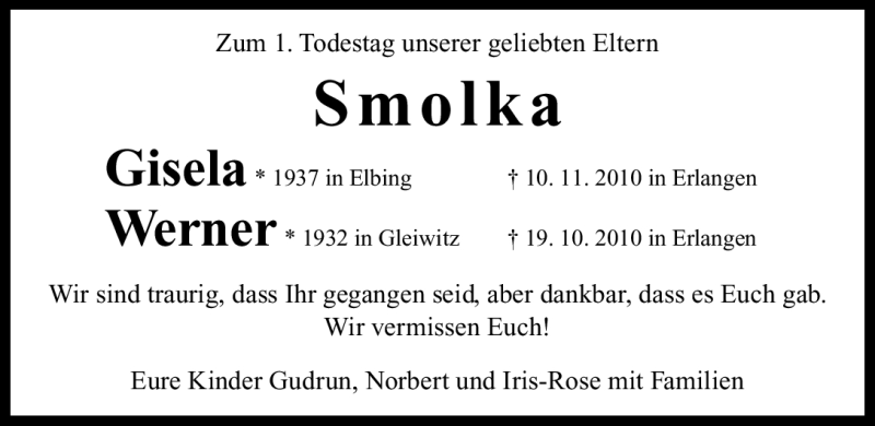  Traueranzeige für Werner und Gisela Smolka vom 12.11.2011 aus Nürnberger Nachrichten