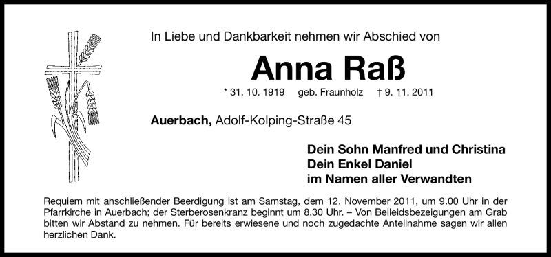  Traueranzeige für Anna Raß vom 11.11.2011 aus Nürnberger Nachrichten