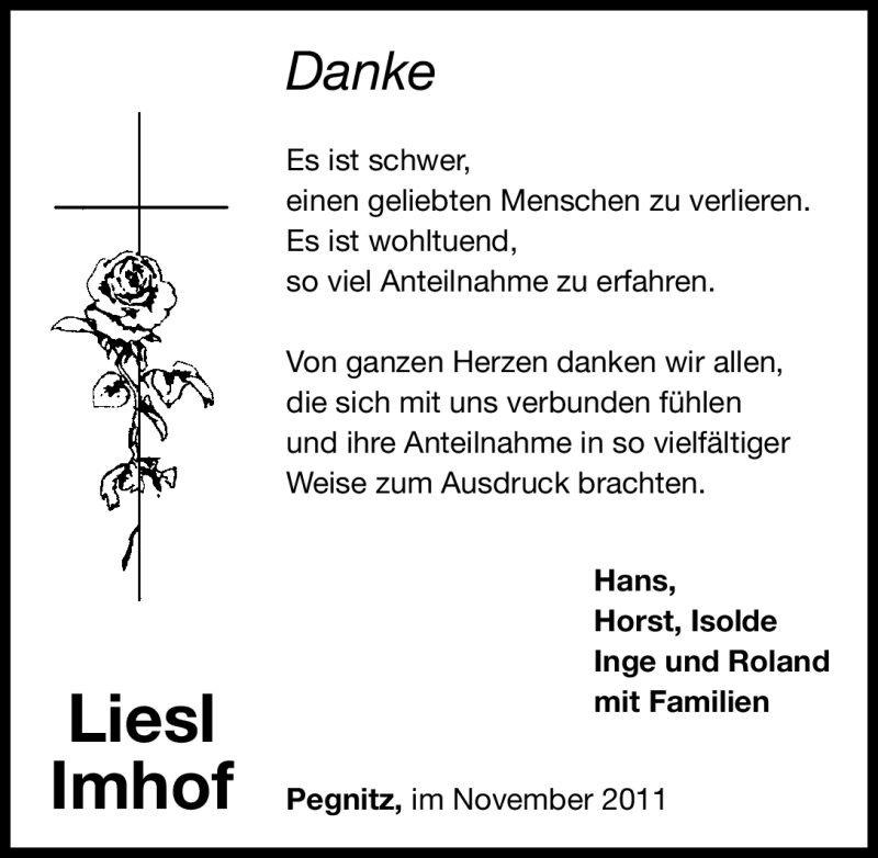  Traueranzeige für Liesl Imhof vom 12.11.2011 aus Nürnberger Nachrichten