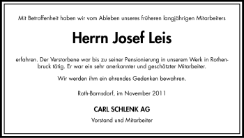 Traueranzeige von Josef Leis von Nürnberger Nachrichten
