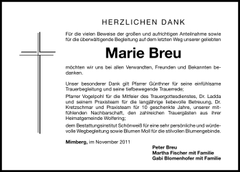 Traueranzeige von Maria Breu von Nürnberger Nachrichten