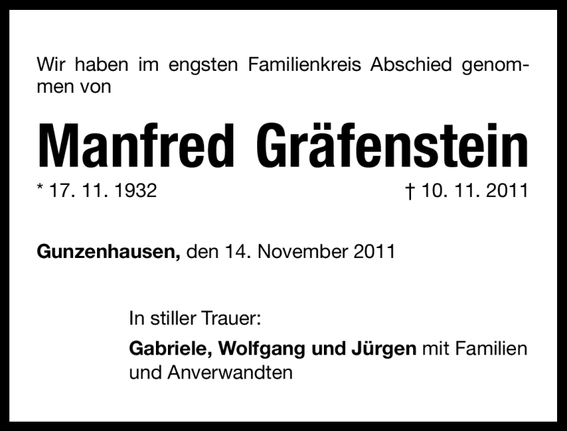  Traueranzeige für Manfred Gräfenstein vom 14.11.2011 aus Nürnberger Nachrichten