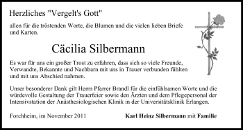 Traueranzeige von Cäcilia Silbermann von Nürnberger Nachrichten