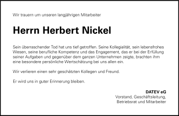 Traueranzeige von Herbert Nickel von Nürnberger Nachrichten