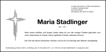 Traueranzeige von Maria Stadlinger von Nürnberger Nachrichten