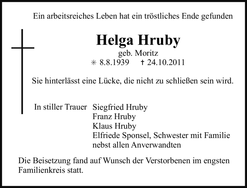  Traueranzeige für Helga Hruby vom 15.11.2011 aus Nürnberger Nachrichten