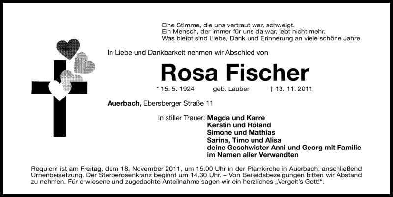  Traueranzeige für Rosa Fischer vom 14.11.2011 aus Nürnberger Nachrichten