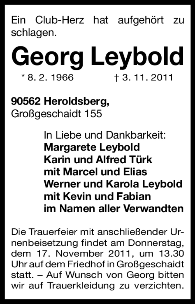  Traueranzeige für Georg Leybold vom 15.11.2011 aus Nürnberger Nachrichten