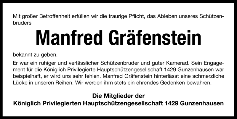  Traueranzeige für Manfred Gräfenstein vom 15.11.2011 aus Nürnberger Nachrichten