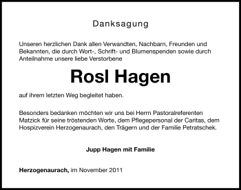 Traueranzeige von Rosl Hagen von Nürnberger Nachrichten