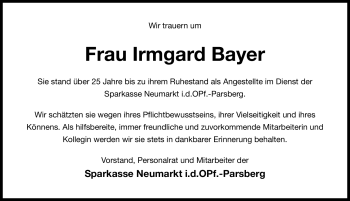 Traueranzeige von Irmgard Bayer von Nürnberger Nachrichten