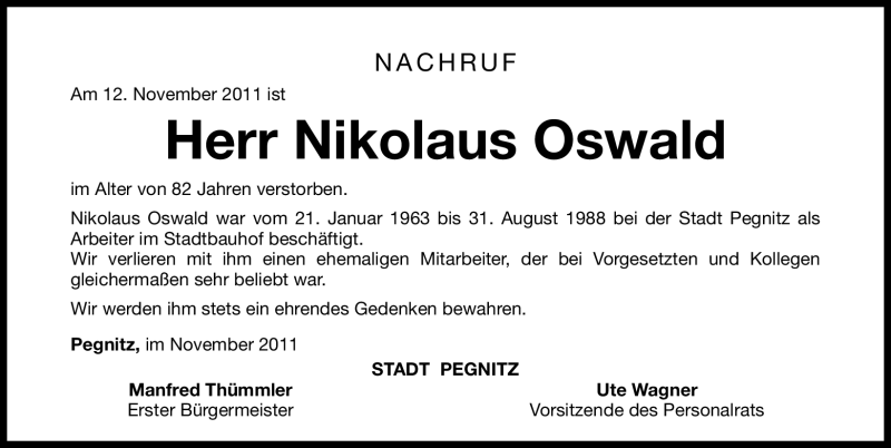  Traueranzeige für Oswald Nikolaus vom 16.11.2011 aus Nürnberger Nachrichten