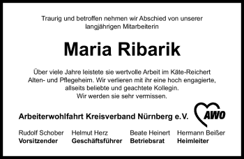 Traueranzeige von Maria Ribarik von Nürnberger Nachrichten