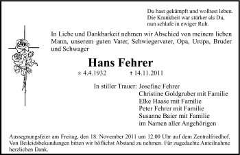 Traueranzeige von Hans Fehrer von Nürnberger Nachrichten