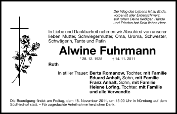 Traueranzeige von Alwine Fuhrmann von Nürnberger Nachrichten