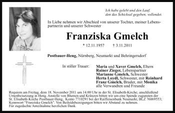 Traueranzeige von Franziska Gmelch von Nürnberger Nachrichten