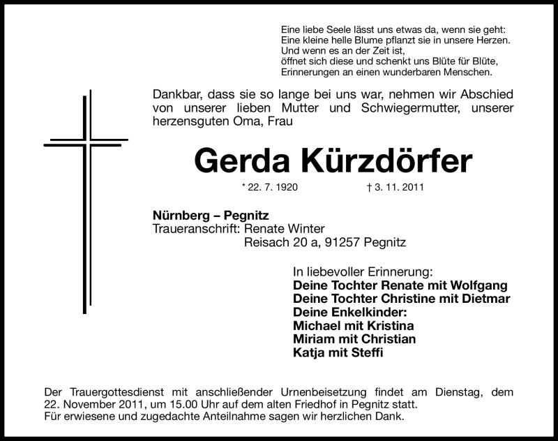  Traueranzeige für Gerda Kürzdörfer vom 17.11.2011 aus Nürnberger Nachrichten