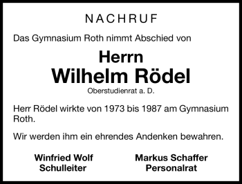 Traueranzeige von Wilhelm Rödel von Nürnberger Nachrichten