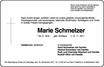 Traueranzeige von Marie Schmelzer von Nürnberger Nachrichten