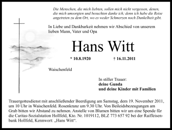 Traueranzeige von Hans Witt von Nürnberger Nachrichten