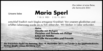Traueranzeige von Maria Sperl von Nürnberger Nachrichten
