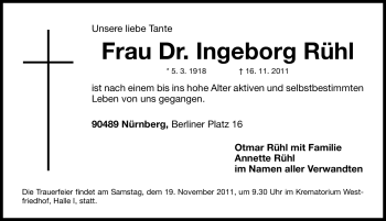 Traueranzeige von Ingeborg Rühl von Nürnberger Nachrichten