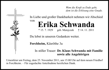 Traueranzeige von Erika Schwanda von Nürnberger Nachrichten