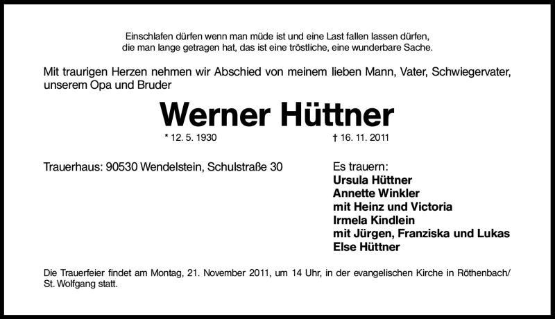  Traueranzeige für Werner Hüttner vom 18.11.2011 aus Nürnberger Nachrichten