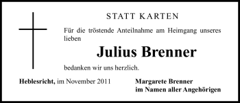 Traueranzeige von Julius Brenner von Nürnberger Nachrichten