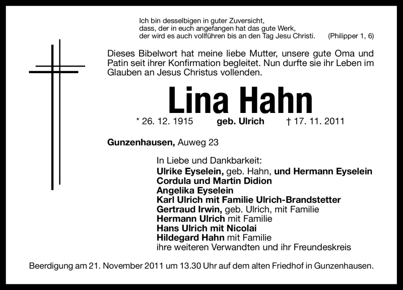  Traueranzeige für Lina Hahn vom 19.11.2011 aus Nürnberger Nachrichten