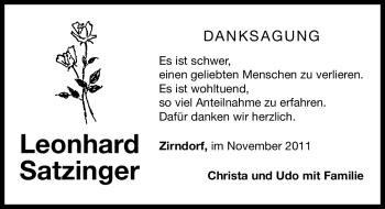 Traueranzeige von Leonhard Satzinger von Nürnberger Nachrichten