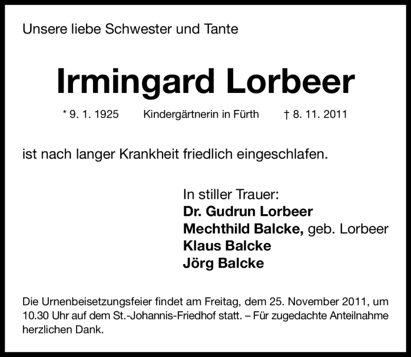  Traueranzeige für Irmingard Lorbeer vom 19.11.2011 aus Nürnberger Nachrichten