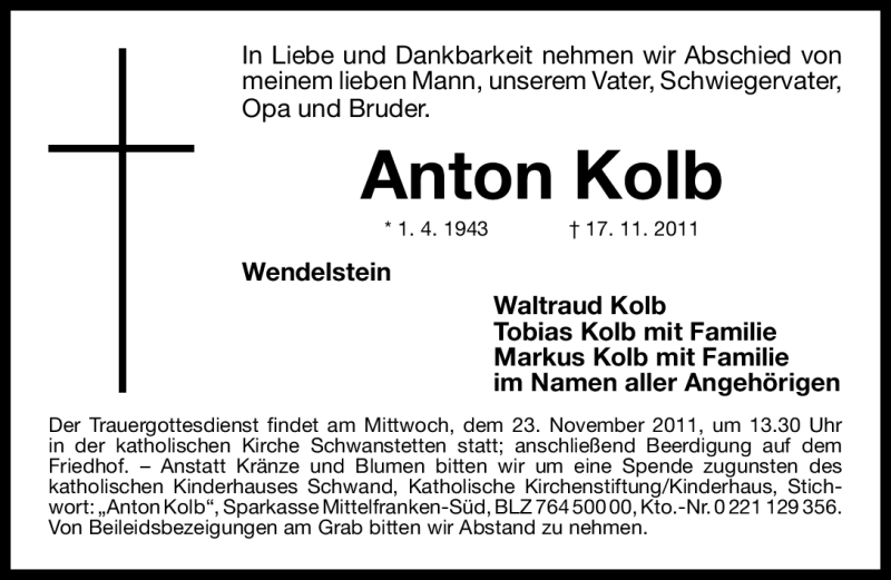  Traueranzeige für Anton Kolb vom 19.11.2011 aus Nürnberger Nachrichten
