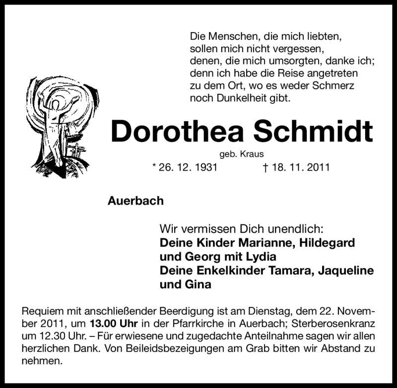  Traueranzeige für Dorothea Schmidt vom 21.11.2011 aus Nürnberger Nachrichten
