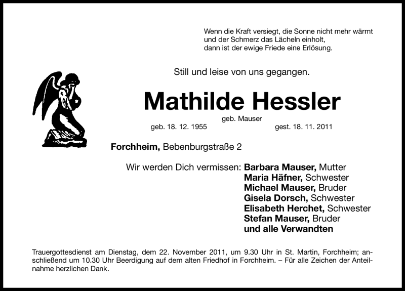  Traueranzeige für Mathilde Hessler vom 21.11.2011 aus Nürnberger Nachrichten