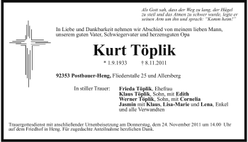 Traueranzeige von Kurt Töplik von Nürnberger Nachrichten