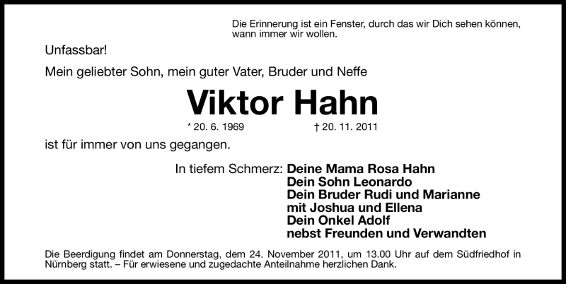  Traueranzeige für Viktor Hahn vom 22.11.2011 aus Nürnberger Nachrichten