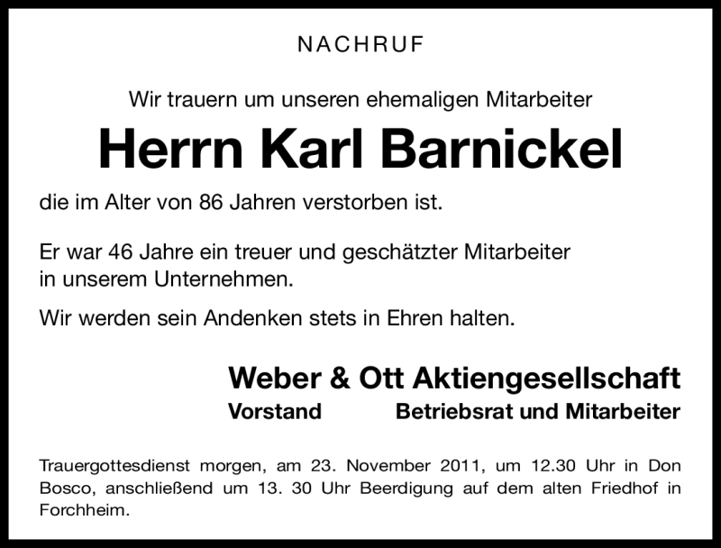  Traueranzeige für Karl Barnickel vom 22.11.2011 aus Nürnberger Nachrichten