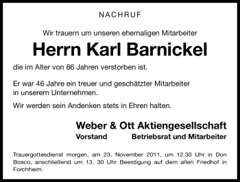 Traueranzeige von Karl Barnickel von Nürnberger Nachrichten