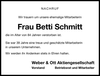 Traueranzeige von Betti Schmitt von Nürnberger Nachrichten